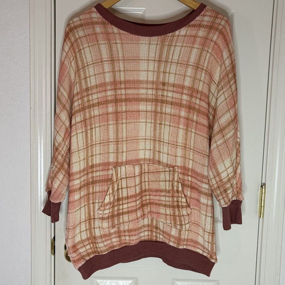 Taylor & Sage Pink Plaid 3/4 Sleeve Sweater Women’s Large Super Soft
